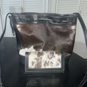 Cowhide Bucket Bag Set with crossbody strap